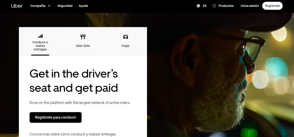 Página de inicio del sitio web de Uber