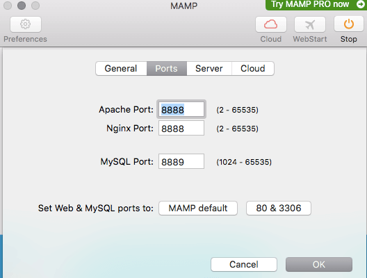 Configuración de los puertos en MAMP