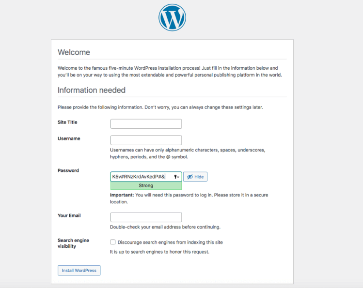 Visualización de la opción para iniciar la instalación de WordPress