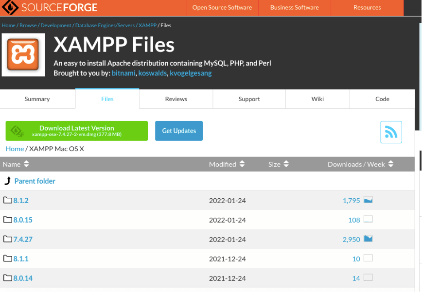 Página SourceForge para encontrar la versión de XAMPP según el sistema operativo 