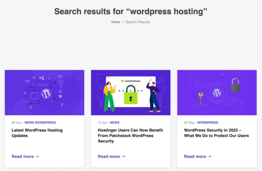 Ejemplo al hacer una consulta con la palabra "WordPress hosting" y los resultados que trae