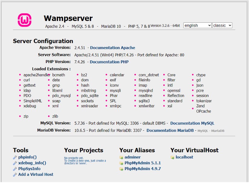 Página de configuración de WampServer