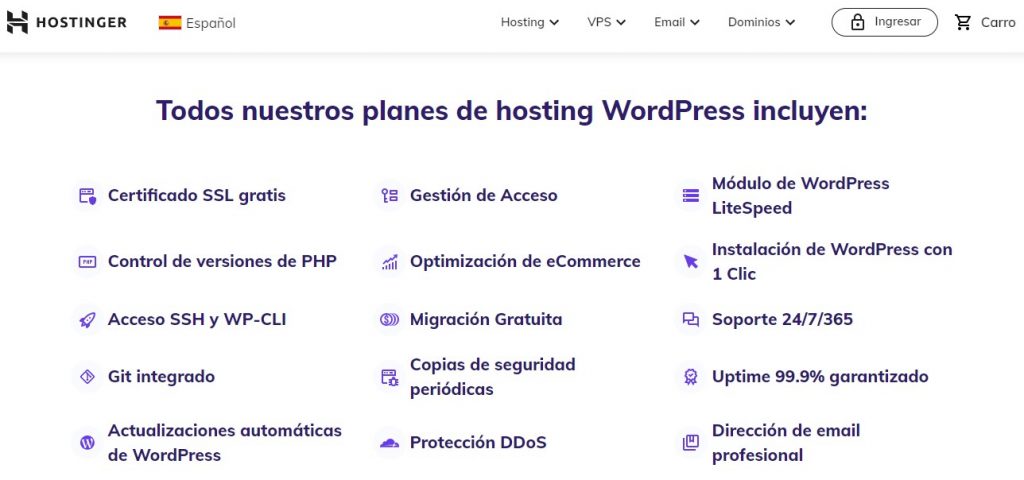 Listado de lo que incluye el plan de hosting de WordPress en Hostinger
