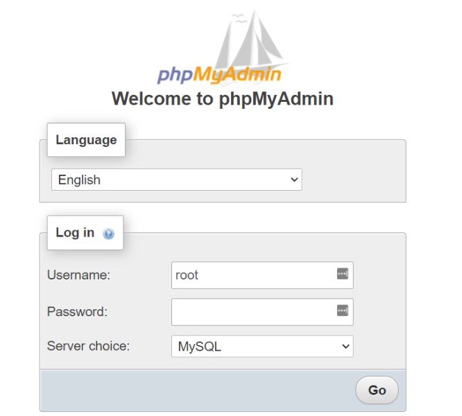 Página de inicio de phpMyAdmin