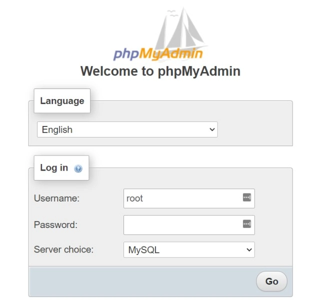Página de inicio de phpMyAdmin