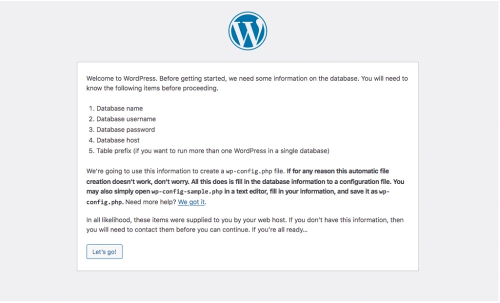 Ventana de instalación de WordPress