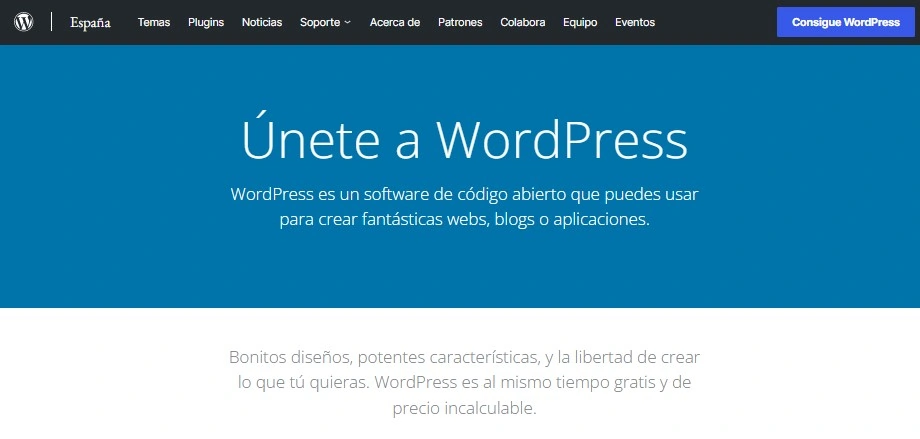 Página de inicio para conseguir WordPress