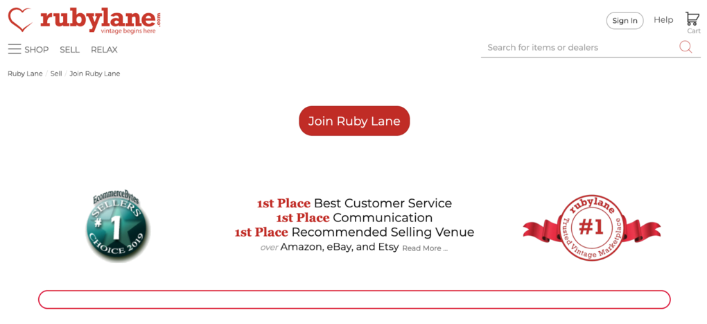 Página para unirse como vendedor en Ruby Lane