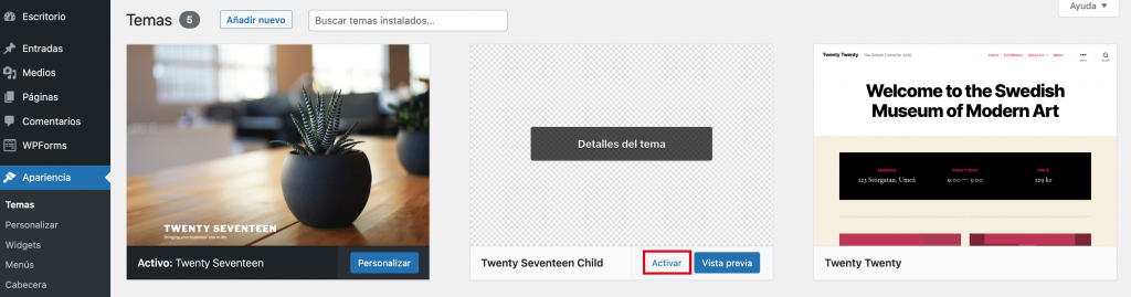 El botón de activación de tu tema hijo de WordPress.