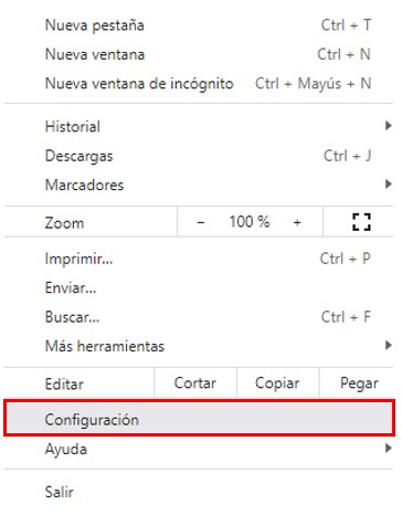 Visualización de la opción "configuración" en el menú de Google Chrome