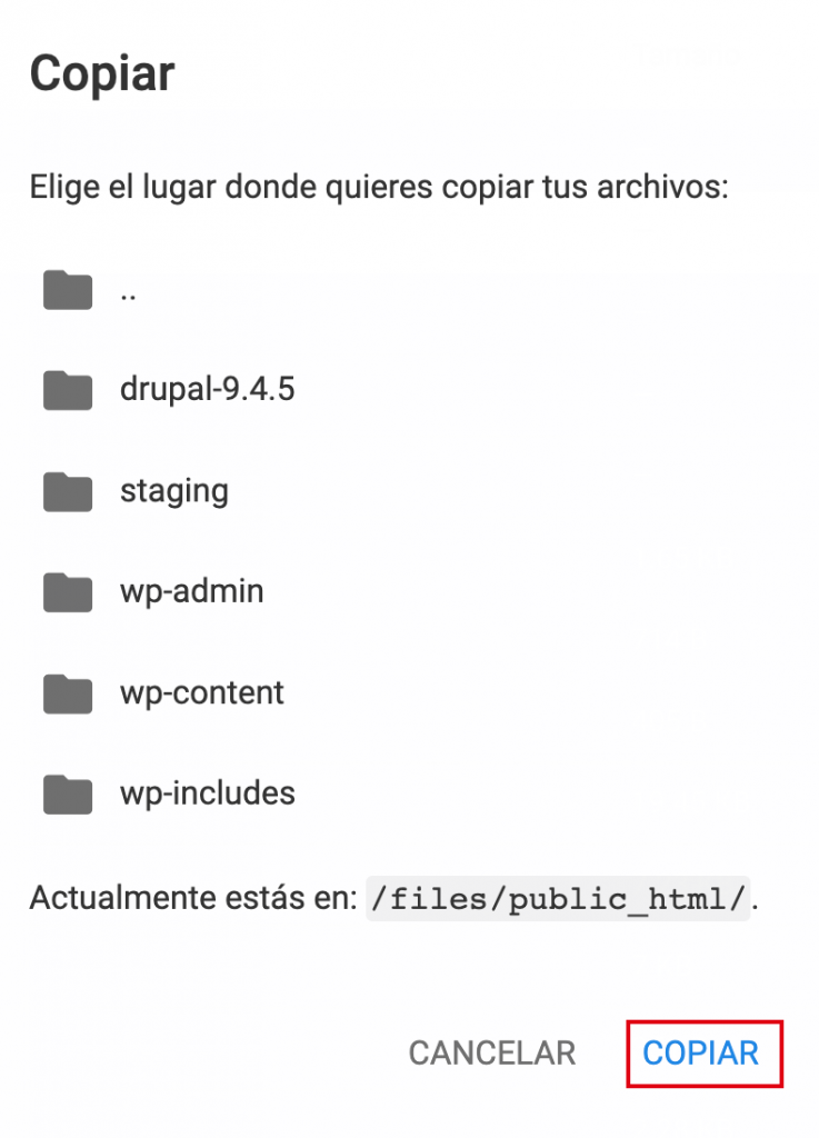 Opción para copiar elementos del Administrador de archivos de hPanel