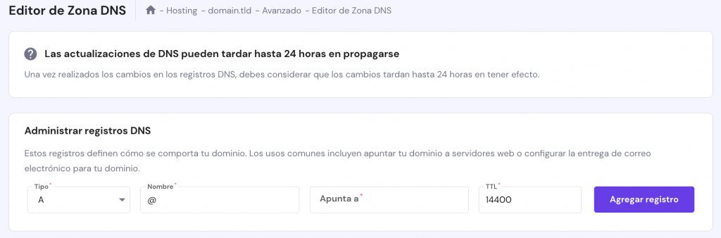 La página del editor de la Zona DNS en hPanel