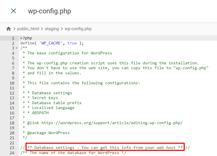Archivo wp-config.php del Administrador de archivos de hPanel