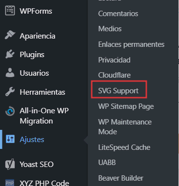 Ubicación del plugin SVG Support en ajustes de WP