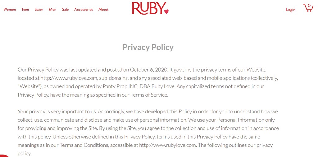 Ejemplo de la política de privacidad de la empresa RUBY