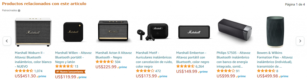 Sección de productos recomendados de Amazon