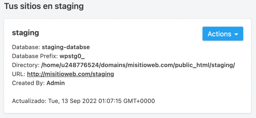 Lista de los sitios de staging existentes en WP Staging