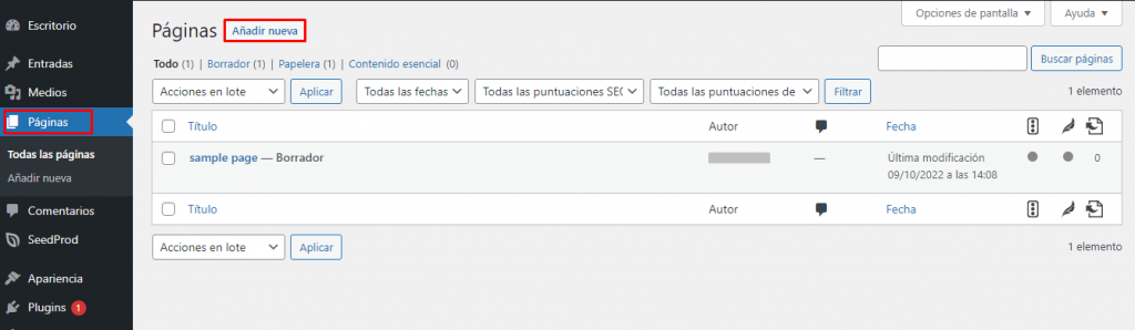 Añadir página en WordPress