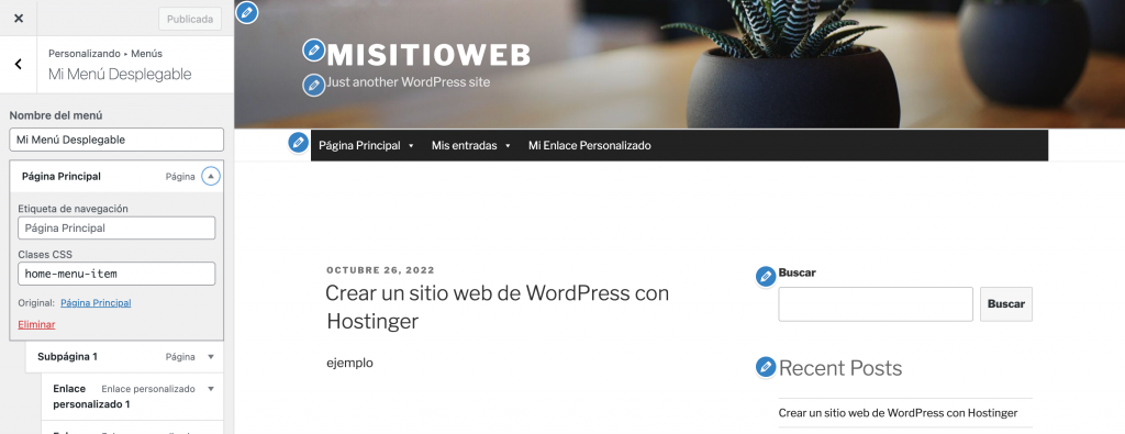 Personalizador de WordPress, que el usuario puede habilitar activando el modo de vista previa en vivo
