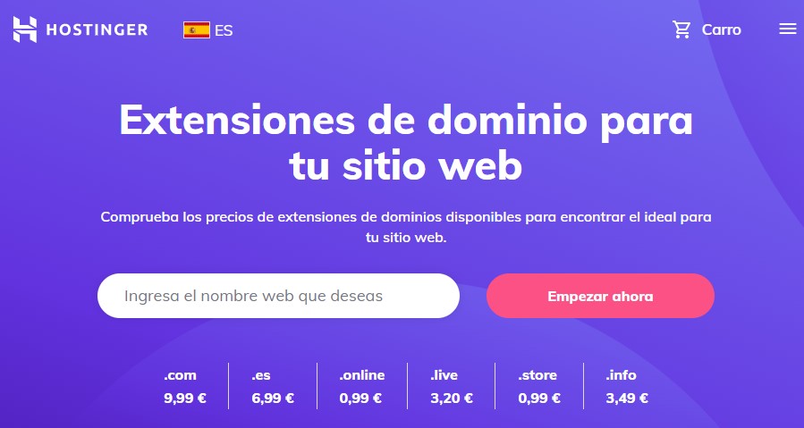 Página de hostinger para comprar extensiones de dominio