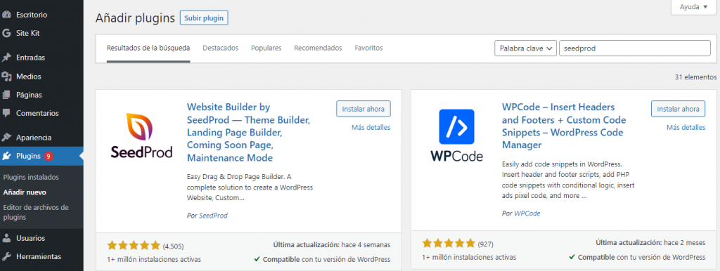 SeedProd en la biblioteca de plugins de WordPress