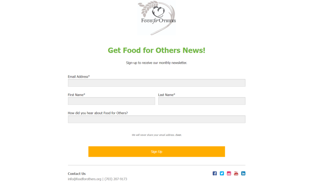 Landing page del boletín informativo de Food for Others
