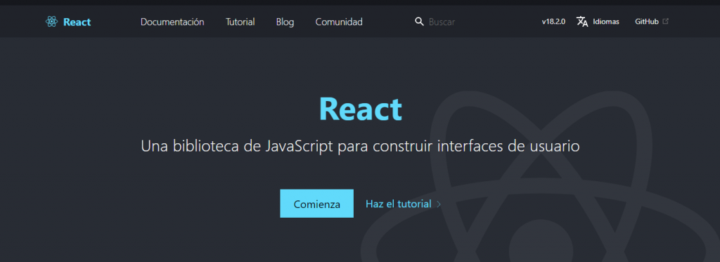 Página de inicio de React - Una biblioteca de JavaScript para construir interfaces de usuario