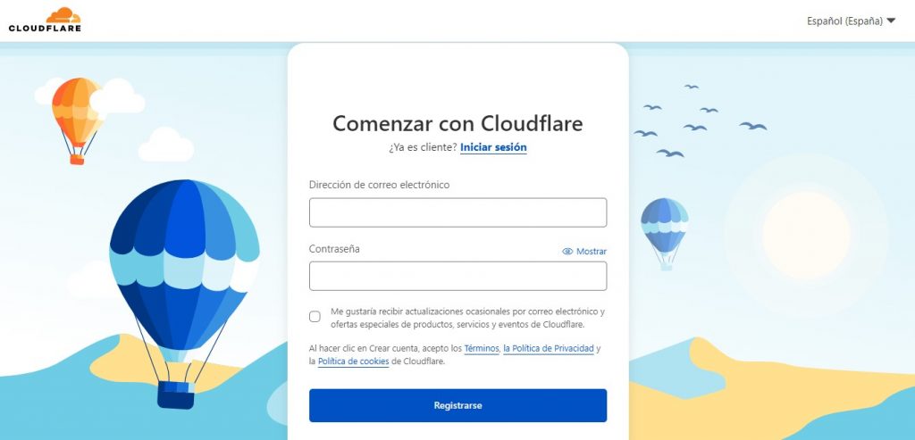 Página de registro en Cloudflare