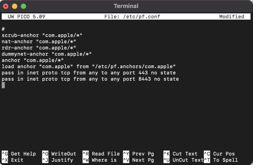 Permitir los puertos 443 y 8443 en macOS usando la Terminal