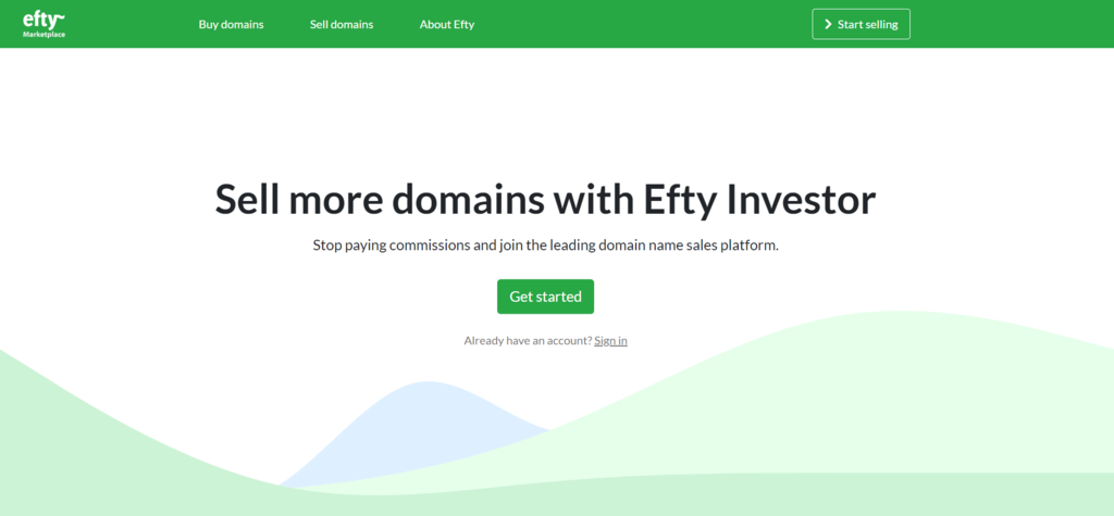 Página de inicio del marketplace Efty para vender dominios