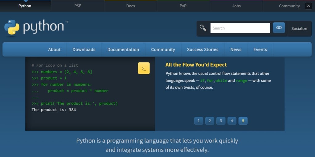 Página web de inicio de Python