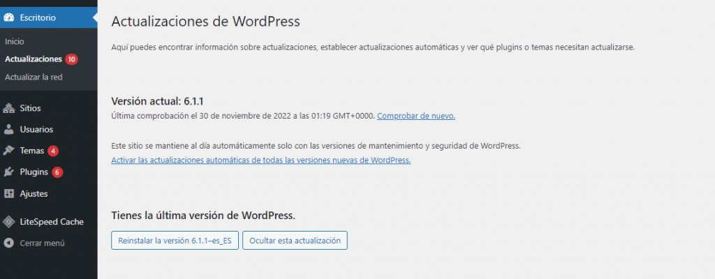 Sección de actualizaciones en el escritorio de WordPres