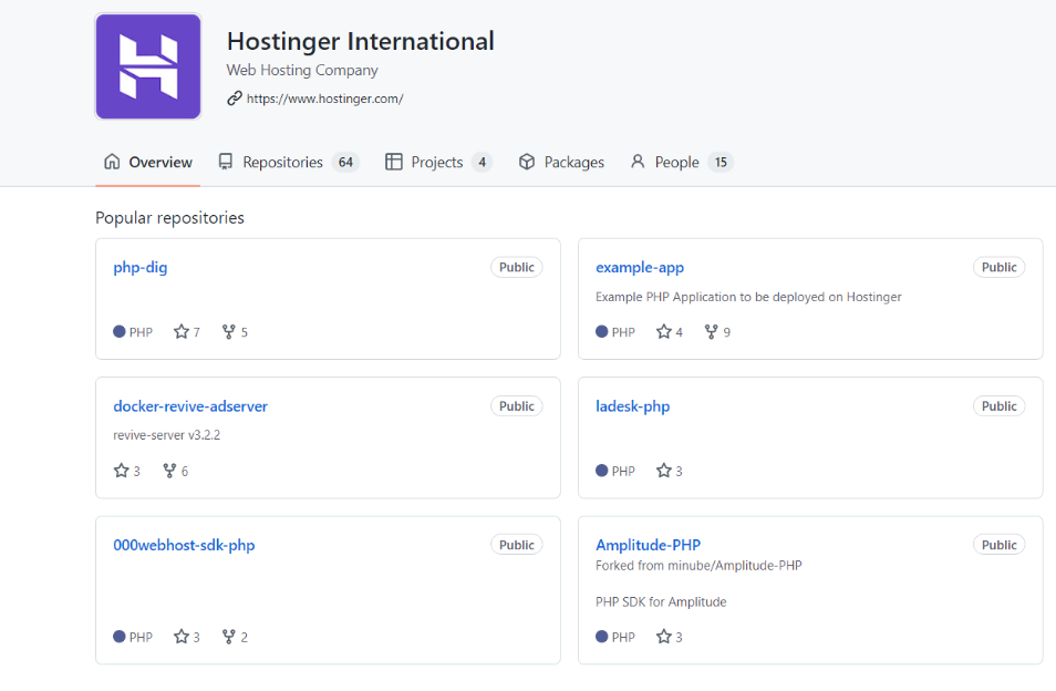 Página de Hostinger en GitHub