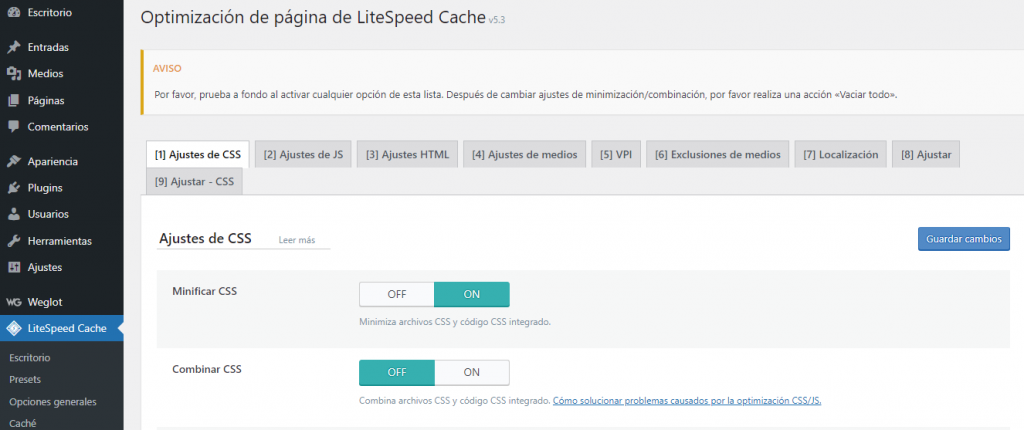 Sección Optimización de página en LiteSpeed Cache