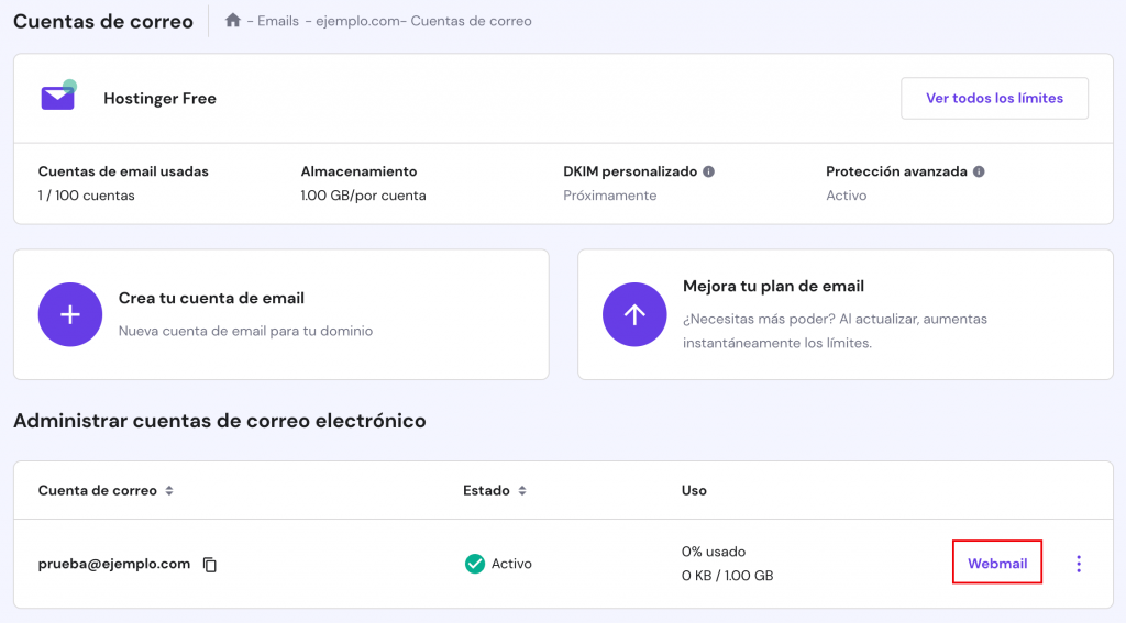 El botón Webmail junto a la cuenta de correo electrónico en hPanel