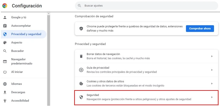 Visualización de la opción de Privacidad y seguridad en el menú de configuración de Google Chrome