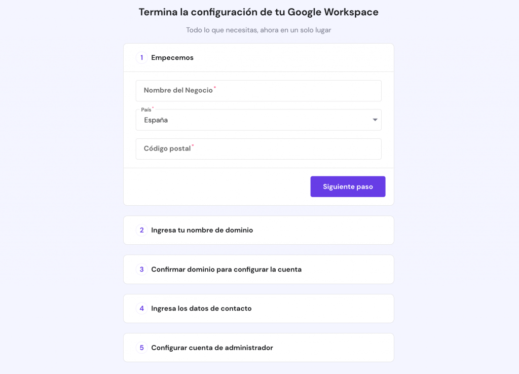 Pantalla de configuración Rellena tu espacio de trabajo de Google en hPanel