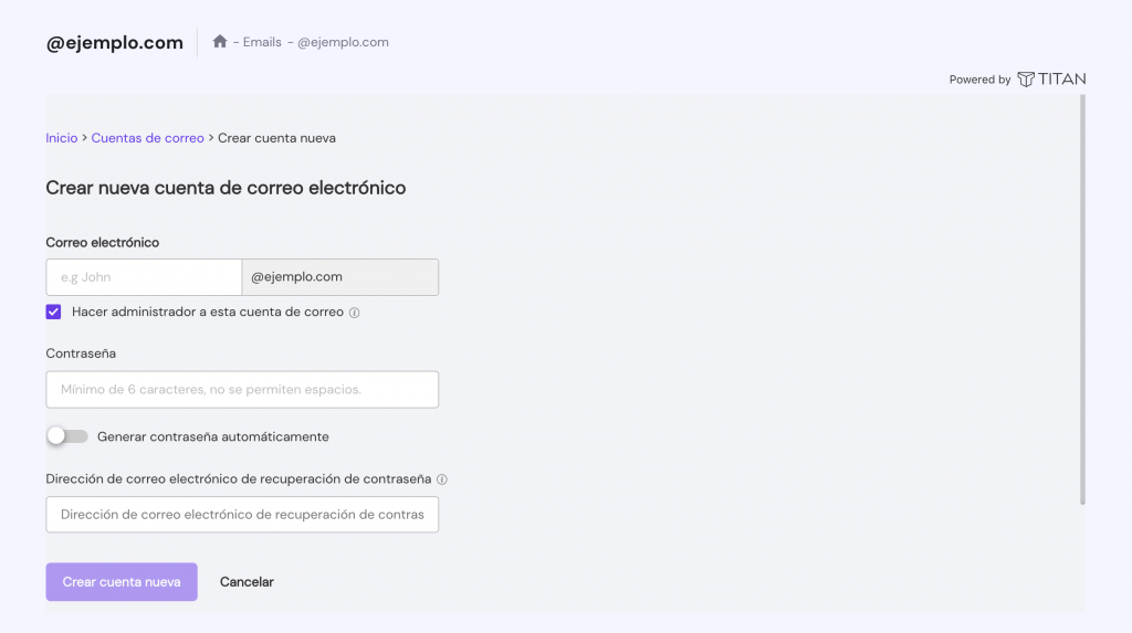 La sección Crear nueva cuenta de correo electrónico en hPanel