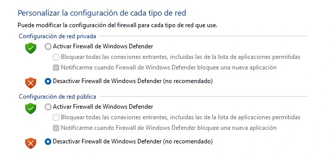 Opción para desactivar el Firewall de Windows Defender