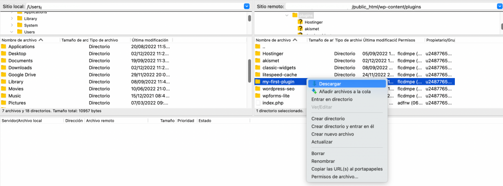 Una captura de pantalla de FileZilla mostrando cómo descargar tu plugin