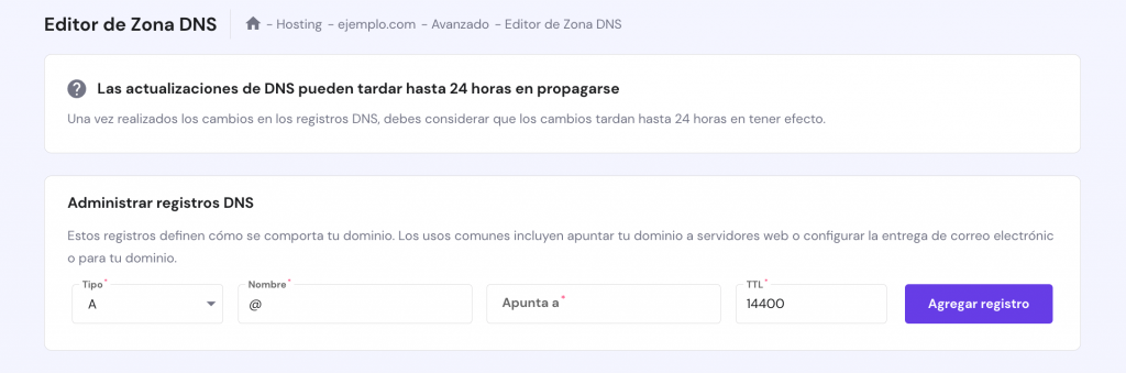 La sección Gestionar registros DNS del Editor de zonas DNS de hPanel con el registro TXT que contiene el código de verificación de Google