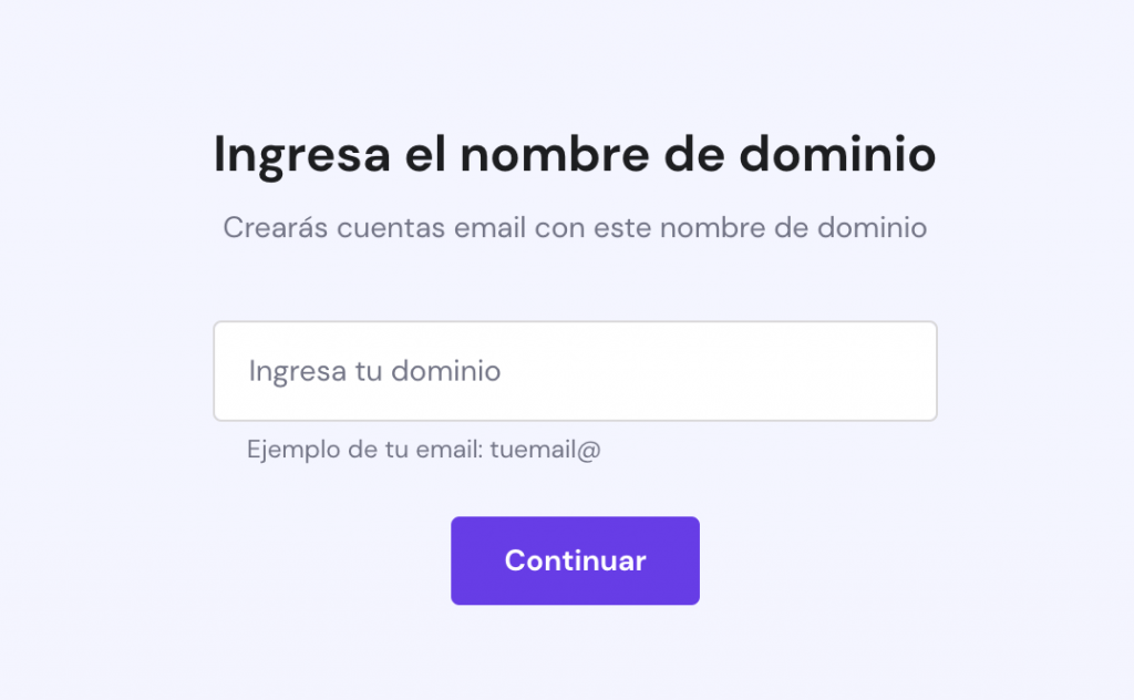 Pantalla de Introducir nombre de dominio en la configuración de la cuenta de correo electrónico de hPanel