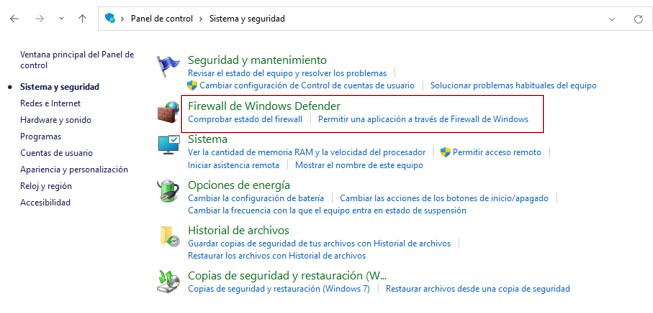 Opción de Firewall de Windows Defender