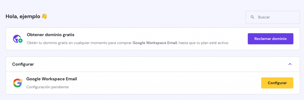 El botón Configuración junto a Google Workspace Email en hPanel