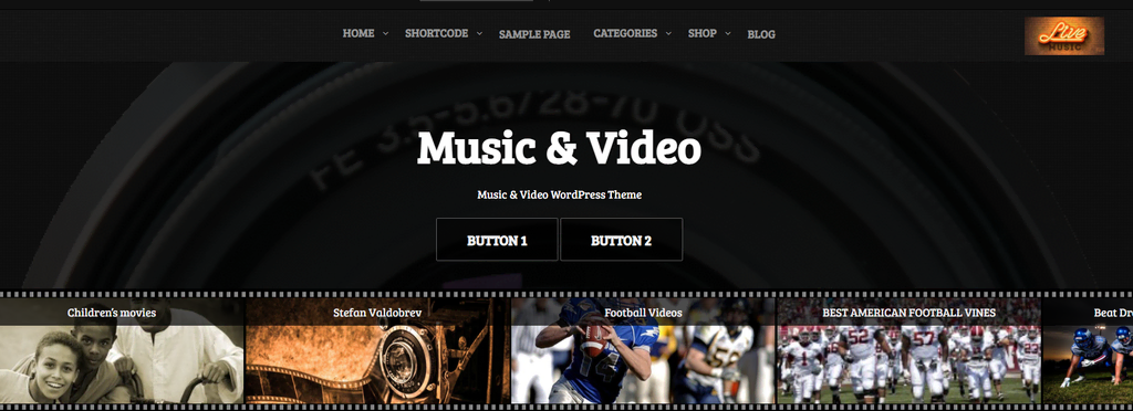 Página del tema de WordPress Music and Video