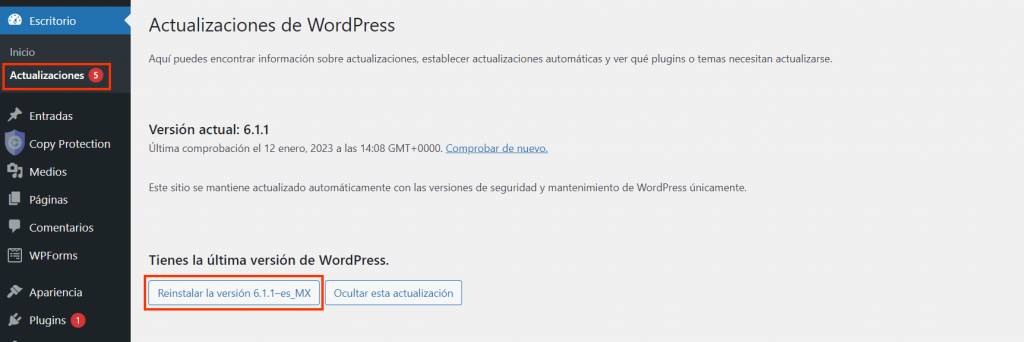 Instrucciones de reinstalación de WordPress