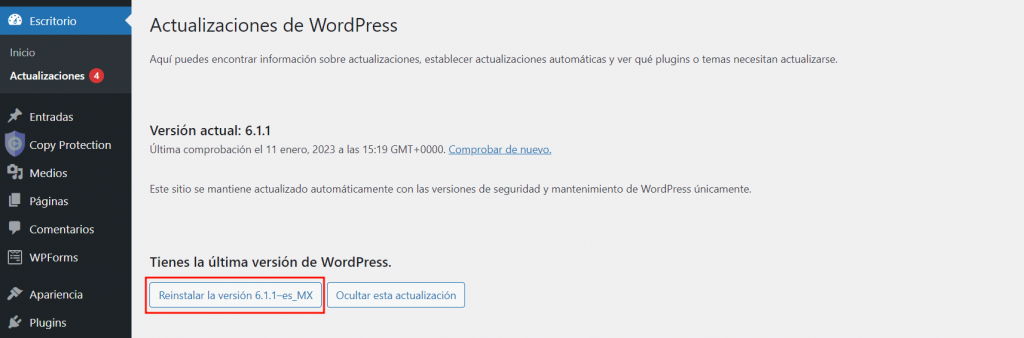 Visualización de la opción para reinstalar la versión de WordPress