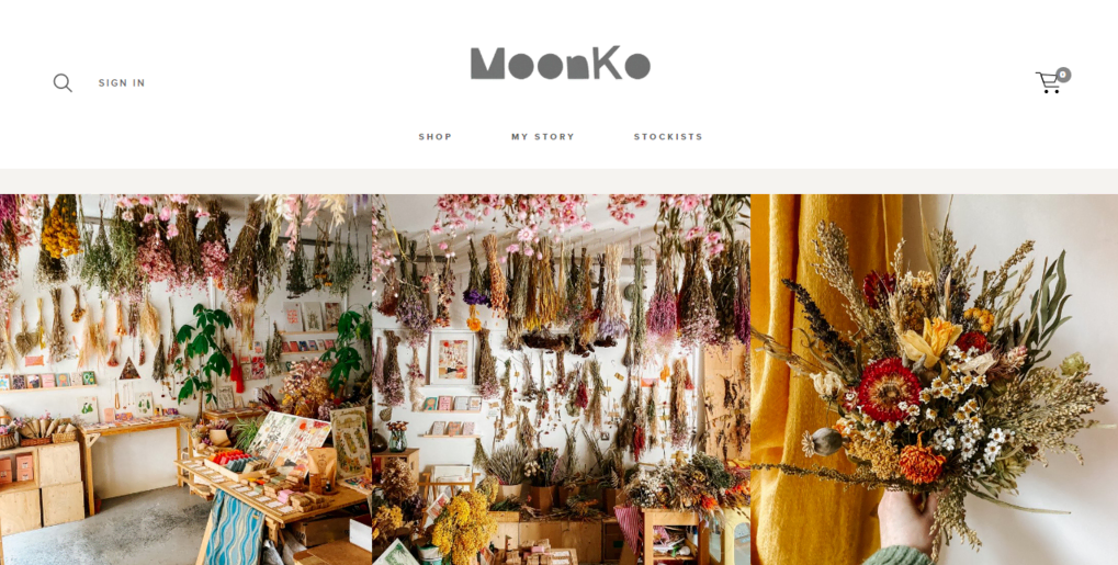Página de inicio del sitio web de artesanías MoonKo