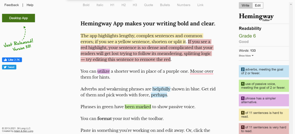 Página web de la aplicación Hemingway