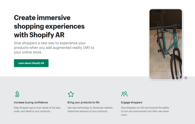 Página web de Shopify para experiencias de realidad aumentada